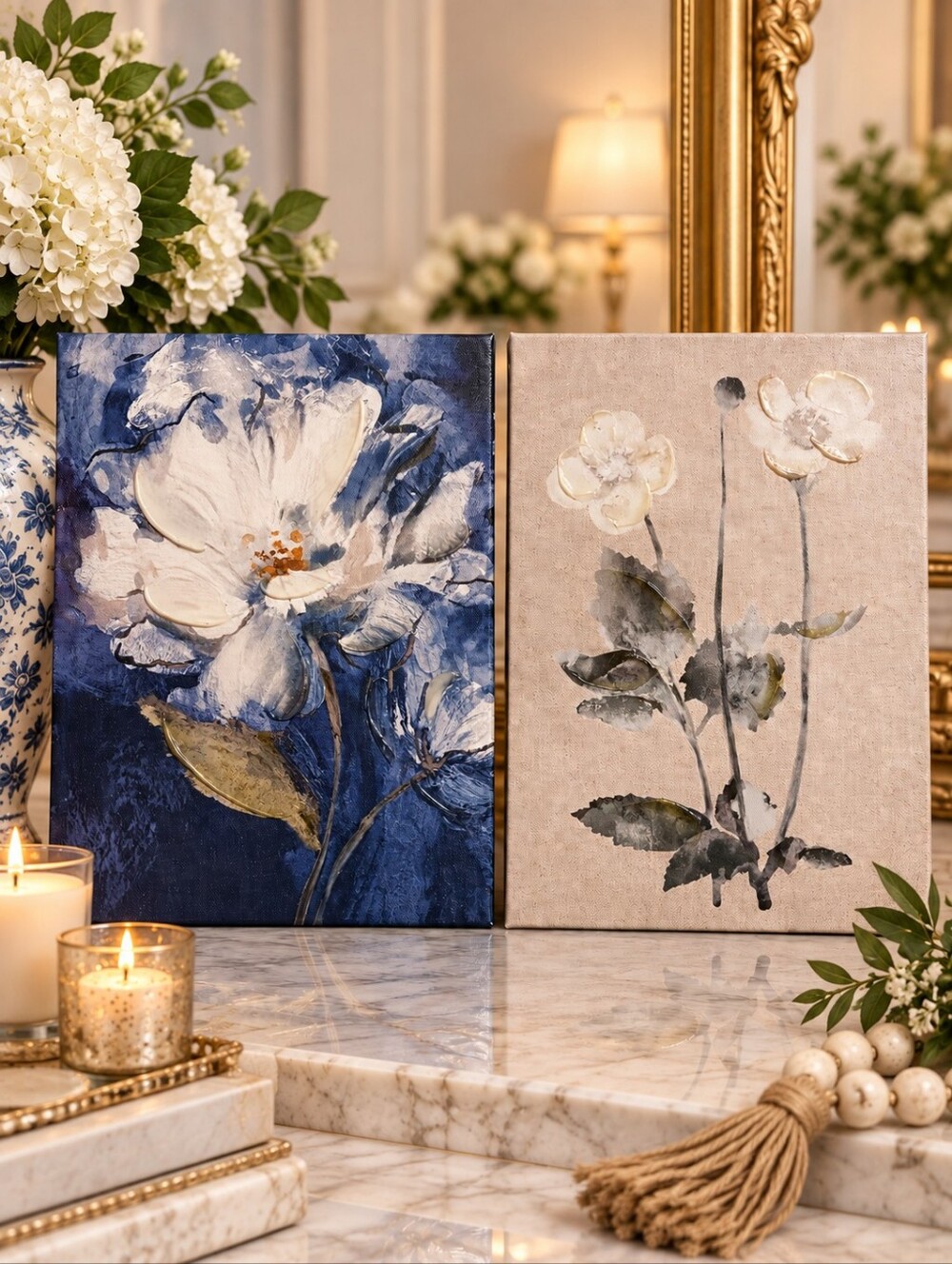 2pc Kirkland’s Blue & White Floral Canvas Wall Art Set | French Country